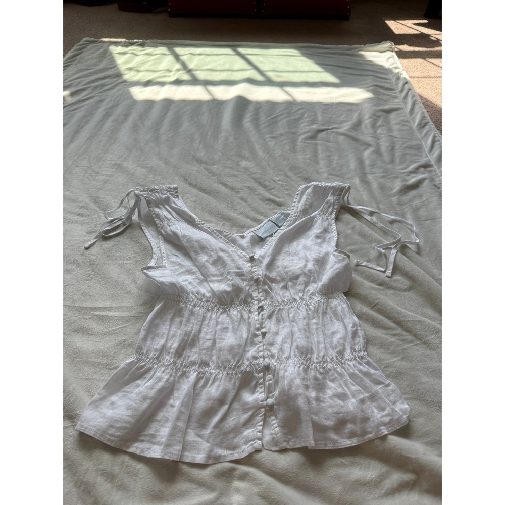 Cynthia Rowley White 100% Linen Smocked Peplum Tie Shoulder Blouse Top NWT L - Picture 2 of 5